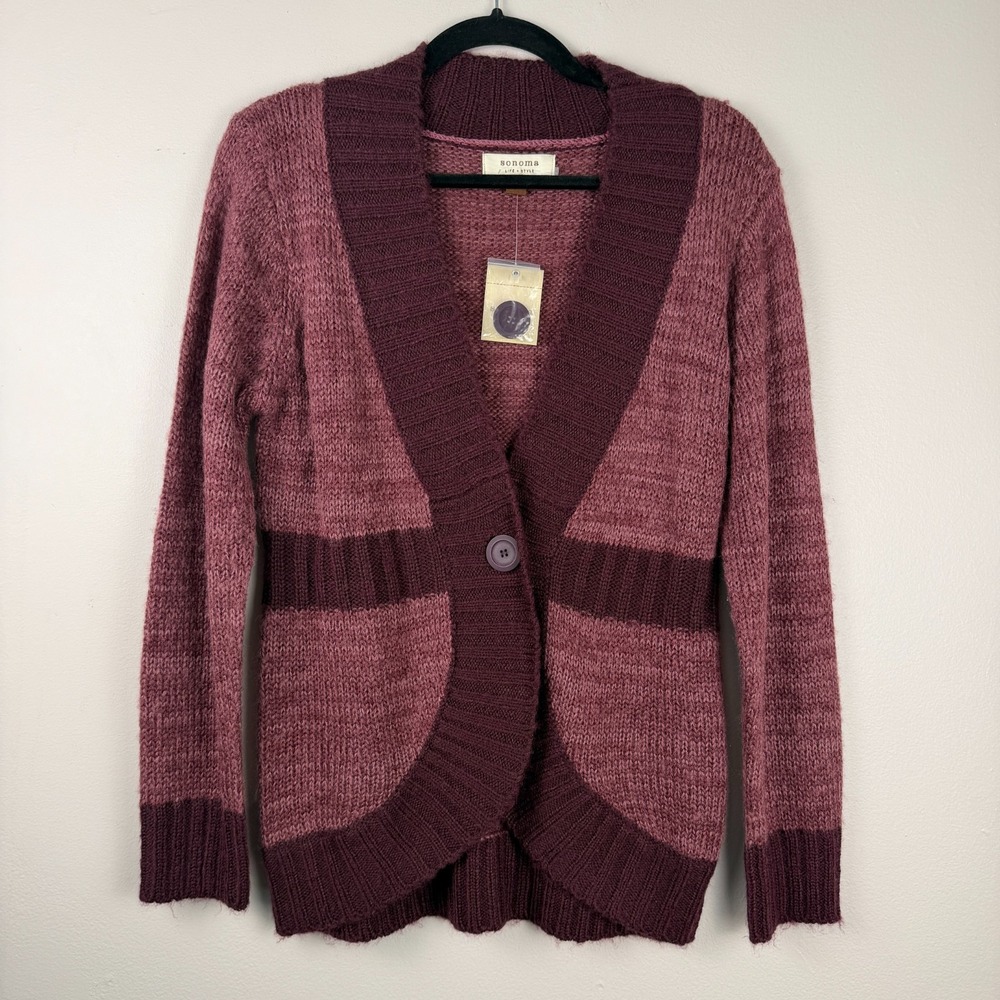 Sonoma Life + Style Cardigan Sweater Women's Large Petite Burgundy Long Sleeve